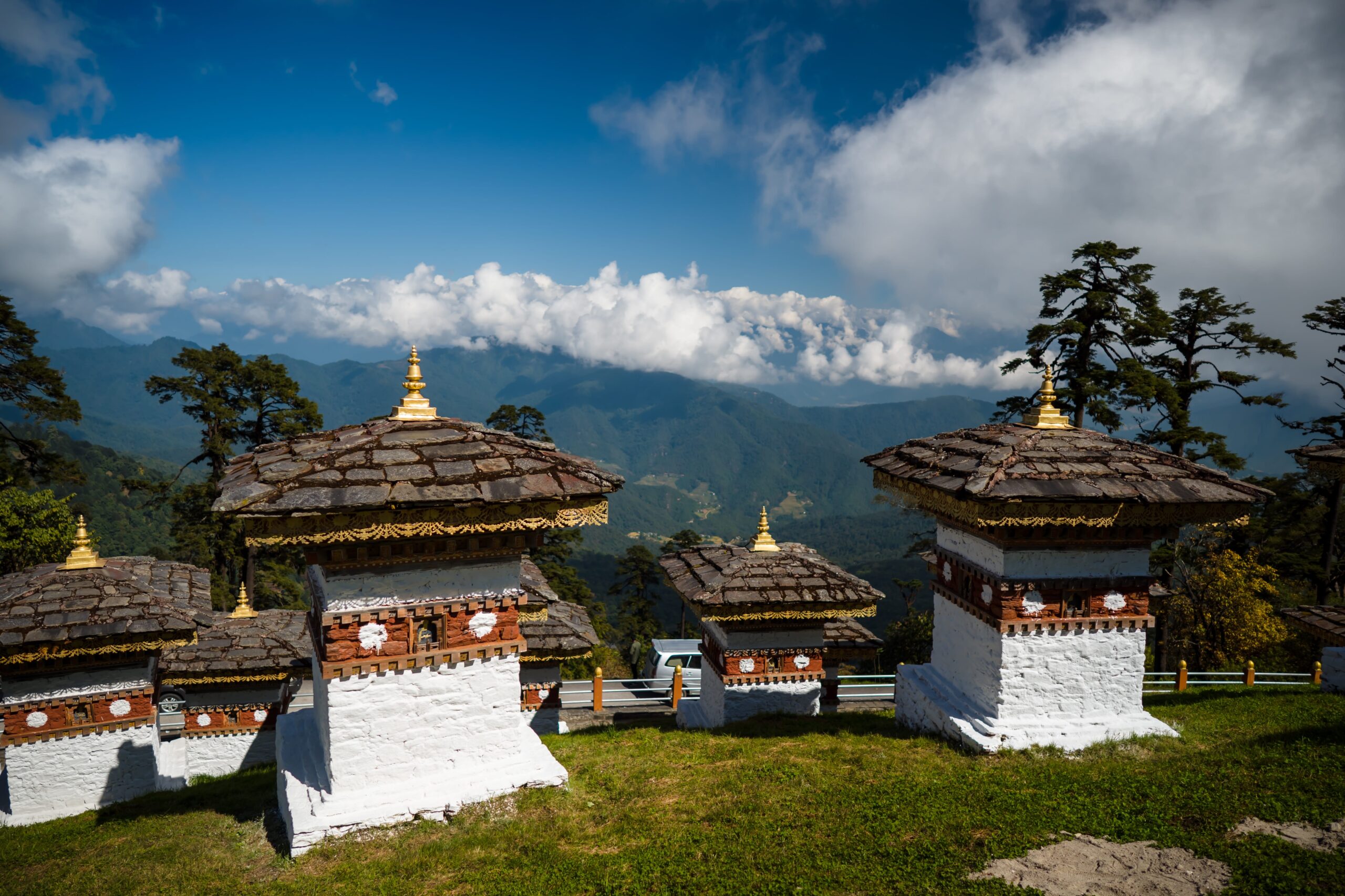 108 Memorial Chortens of Dochula Pass in Thimphu, Bhutan. Dochula Pass with Himalaya in background - Bhutan