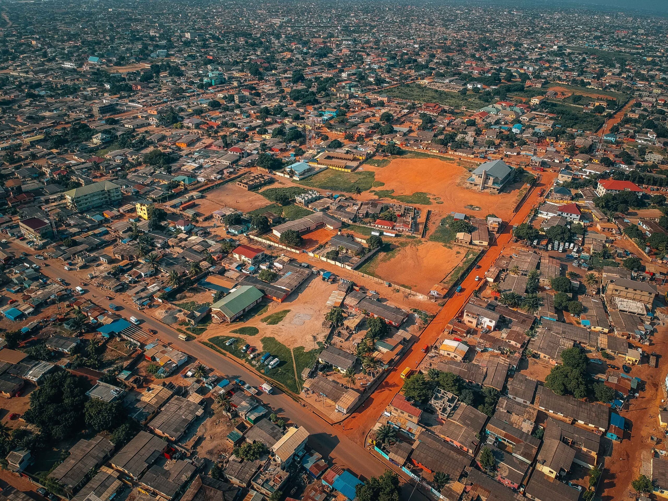 A drone shot of the vast landscape of Ghana, Accra