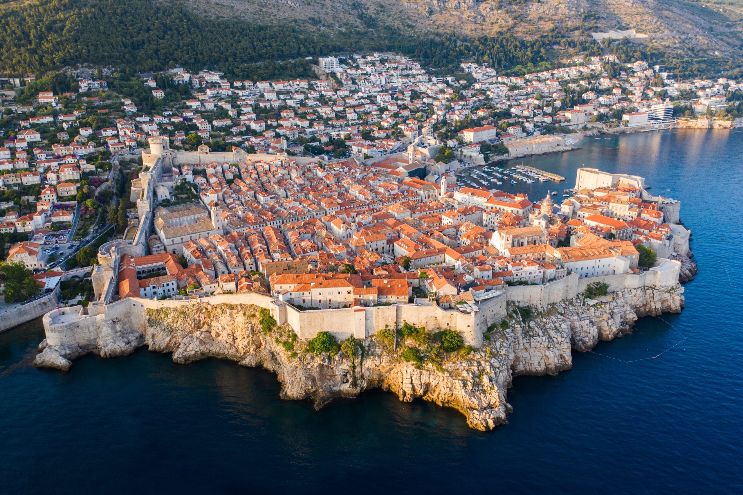 Golden hour drone shot of Dubrovnik, Croatia