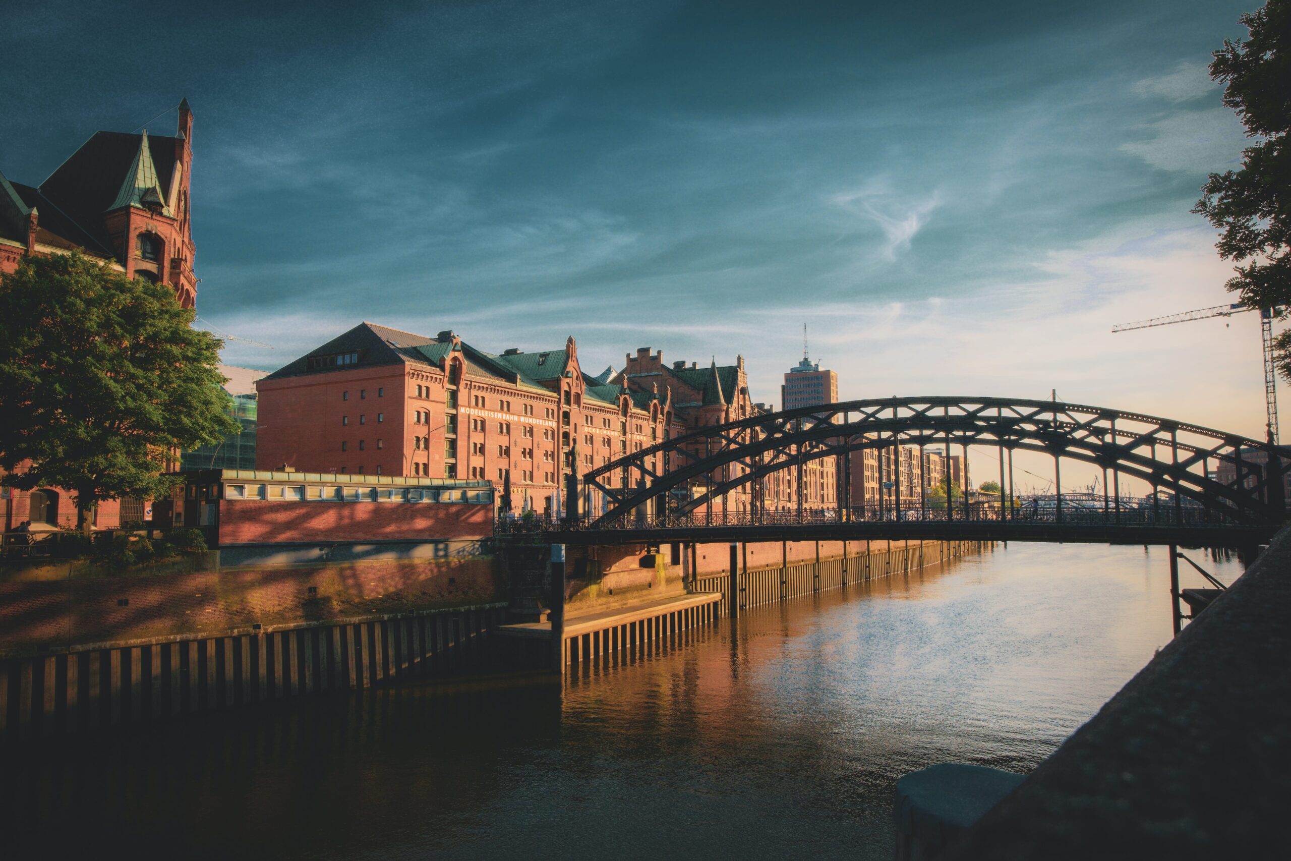 Historic Speicherstadt during sunset in Port of Hamburg, Germany