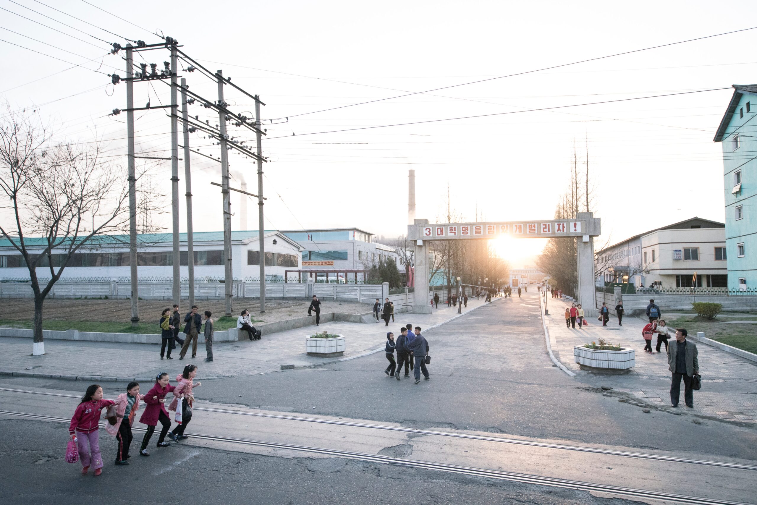 Street scene, kids, outdoor, sunset, Pyongyang, North Korea