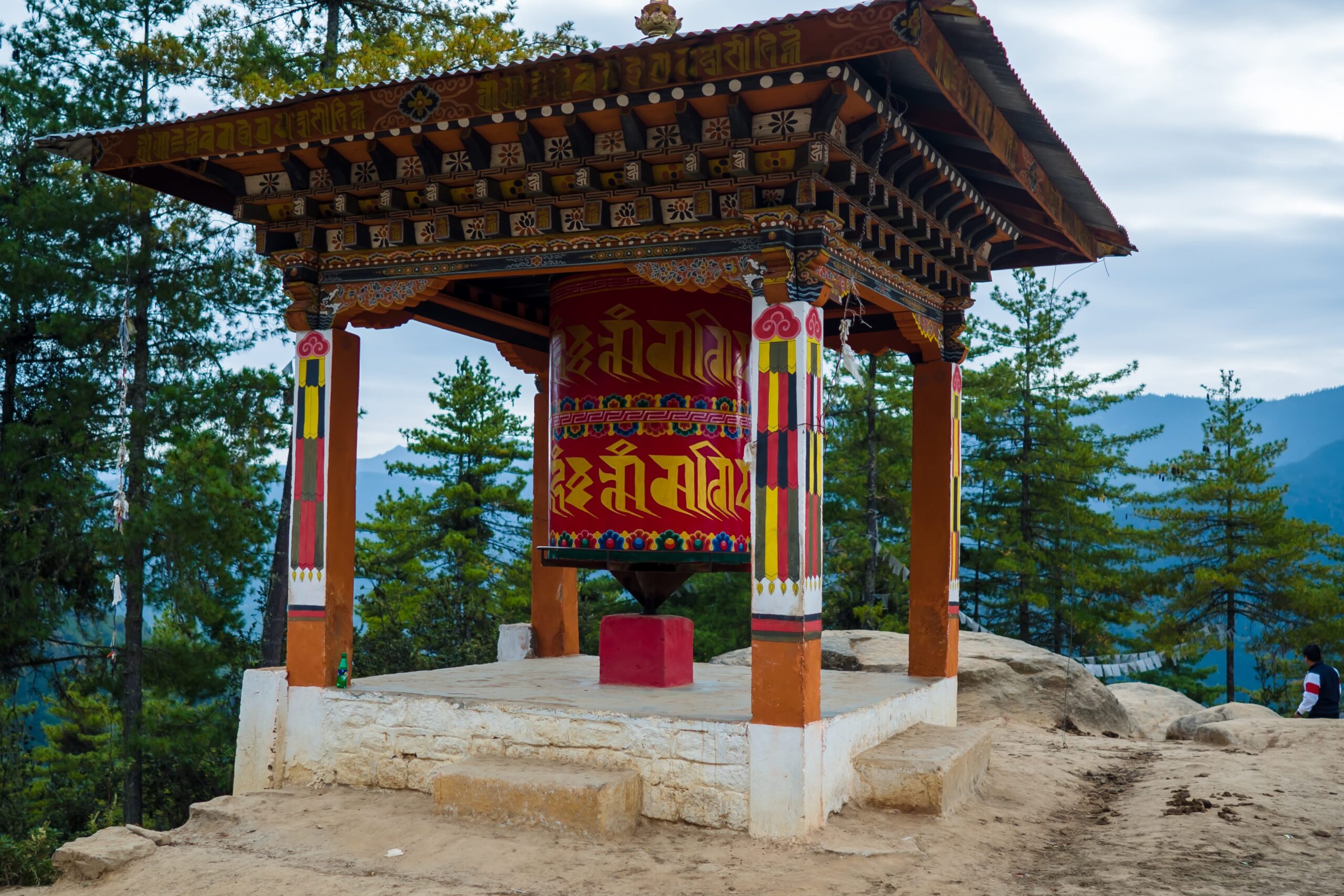 large prayer wheel in buddhist temple at Bhutan Concept of hope and meditation